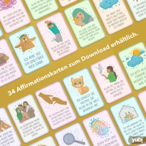 YUBI Shop: Inspirierende Materialien für Selbstentwicklung 📚✨ Ein Bild mehrerer bunter Illustrationskarten mit positiven Affirmationen auf Deutsch, zusammen mit dem Text "34 Affirmationskarten zum Download erhältlich".