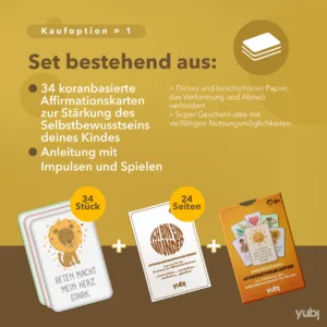 Ein Werbebild für ein Set bestehend aus 34 koranbasierten Affirmationskarten zur Stärkung des Selbstbewusstseins von Kindern und einer Anleitung mit 24 Seiten. Es sind drei Produkte abgebildet: eine Affirmationskarte mit einem Löwen und dem Text 