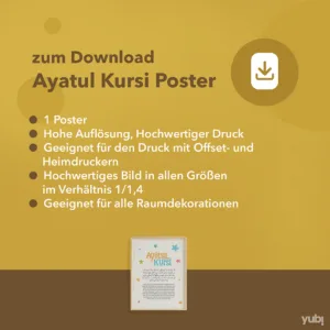 Werbegrafik für ein Ayatul Kursi Poster zum Download mit Auflistung der Produkteigenschaften und einer kleinen Abbildung des Posters unten links.
