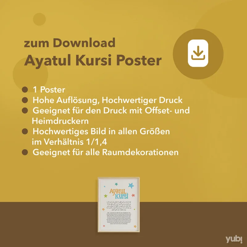 Werbegrafik für ein Ayatul Kursi Poster zum Download mit Auflistung der Produkteigenschaften und einer kleinen Abbildung des Posters unten links.