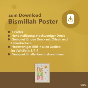 Werbegrafik für ein "Bismillah Poster" zum Download, mit Auflistungen der Produkteigenschaften wie hohe Auflösung und Eignung für verschiedene Drucktechniken und Raumdekorationen, auf gelbem Hintergrund.