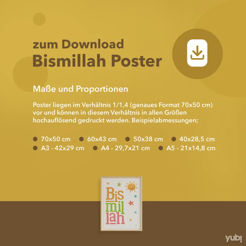 Werbebild für den Download eines "Bismillah Posters", mit diversen Größenangaben und einem Download-Symbol oben rechts, sowie einer kleinen Abbildung eines Beispielposters unten links.