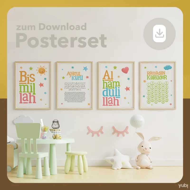 Werbung für ein Download-Set von Postern mit religiösem und ermutigendem Inhalt, ausgestellt über einem Kindertisch mit Stühlen und Spielzeug in einem Kinderzimmer.