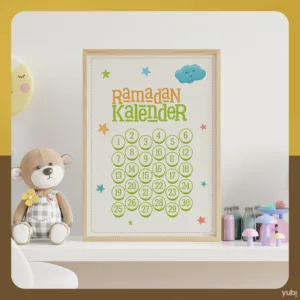 Ein Kinderzimmer mit einem Poster eines Ramadan-Kalenders an der Wand und einem Stoffteddybären, der auf einem Regal sitzt, neben verschiedenen Flaschen und Behältern.