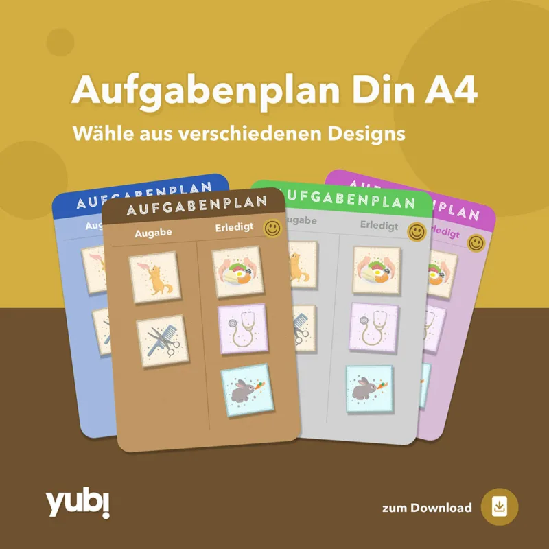 Werbebild für einen Aufgabenplan im DIN A4 Format mit Auswahl aus verschiedenen Designs, dargestellt durch vier abgestufte Pläne mit bunten Kopfbereichen und illustrierten Symbolen für Aufgaben in einem kinderfreundlichen Stil.