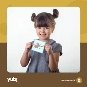 YUBI Shop: Inspirierende Materialien für Selbstentwicklung 📚✨ Ein lächelndes Mädchen mit Zöpfen hält eine Karte mit einem aufgedruckten Hasenmotiv. Im Hintergrund eine blassgelbe und weiße Fläche sowie das Logo "yub!" in der Ecke und der Text "zum Download" mit einem Download-Symbol darunter.