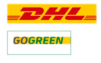 DHL-Logo mit den charakteristischen Farben Gelb und Rot oben und das "GOGREEN"-Logo in Gelb, Schwarz und Grün unten.