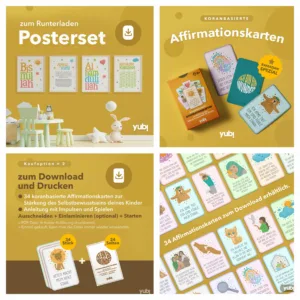 Eine Bilderkollage von 3 Produkten Zusammen. Posterset, Affirmationskarten, Affirmationskarten zum Download und eine Generelle Bilddarstellung von Affirmationskarten