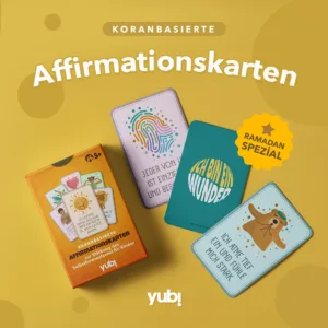 YUBI Shop: Inspirierende Materialien für Selbstentwicklung 📚✨ Koranbasierte Affirmationskarten für Kinder, präsentiert auf gelbem Hintergrund. Verschiedene Karten und eine Verpackung mit positiven Botschaften und Illustrationen sind zu sehen, darunter "Ich bin ein Wunder" und "Ich atme tief ein und fühle mich stark". Das Logo "yub!" befindet sich in der linken unteren Ecke und ein Etikett mit der Aufschrift "Ramadan Spezial" ist in der rechten oberen Ecke platziert.