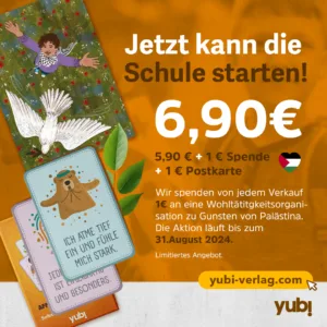 Schulanfangs-Set mit Affirmationskarten und Postkarte, 6,90€ Preis mit 1€ Spende für Palästina, erhältlich bis 31. August 2024.